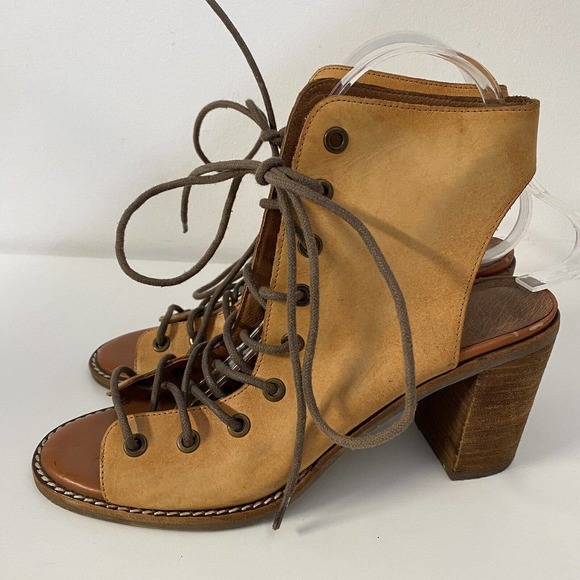 Jeffrey Campbell Free People Minimal Lace Up Bootie Sandal Cognac Leathe… - Picture 5 of 10